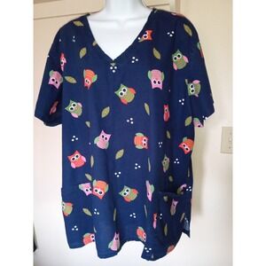 Dark Dye Denim Owl Print V-Neck Scrub Top 2X 2XG UZ33500TD Cotton Pocketed
